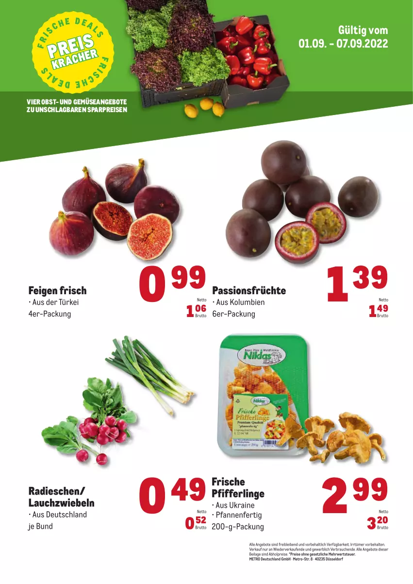 Aktueller Prospekt Metro - Obst & Gemüse Frischepreise - von 01.09 bis 07.09.2022 - strona 1 - produkty: abholpreise, angebot, angebote, brut, eis, Feigen, früchte, ilag, Lauchzwiebel, lauchzwiebeln, Metro, obst, pfanne, pfannen, Pfifferlinge, radieschen, Rauch, reis, rwe, Ti, und gemüse, zwiebel, zwiebeln