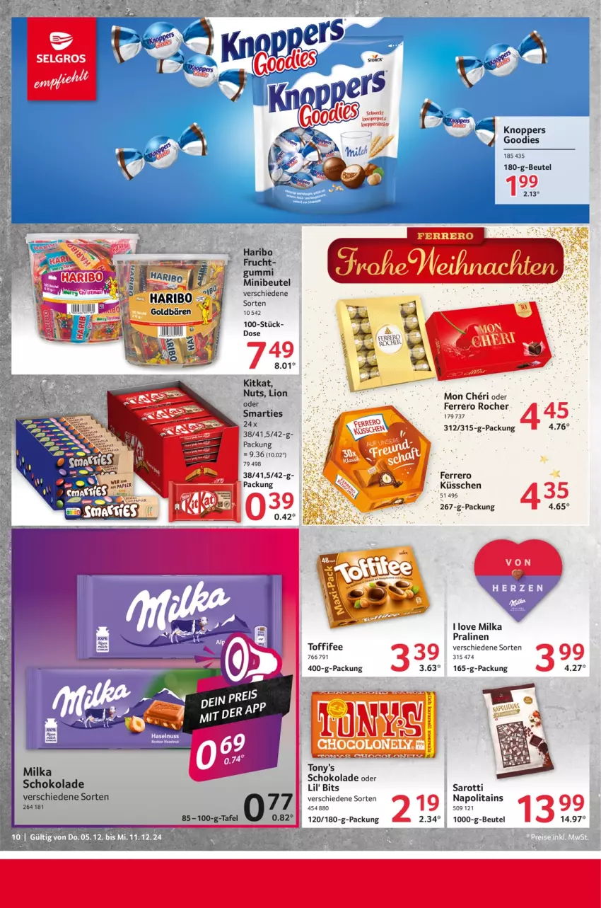 Aktueller Prospekt Selgros - Food - von 05.12 bis 11.12.2024 - strona 10 - produkty: beutel, eis, ferrero, Ferrero Rocher, frucht, haribo, kitkat, knoppers, LG, lion, milka, pralinen, saro, sarotti, schoko, schokolade, smarties, Ti, toffifee