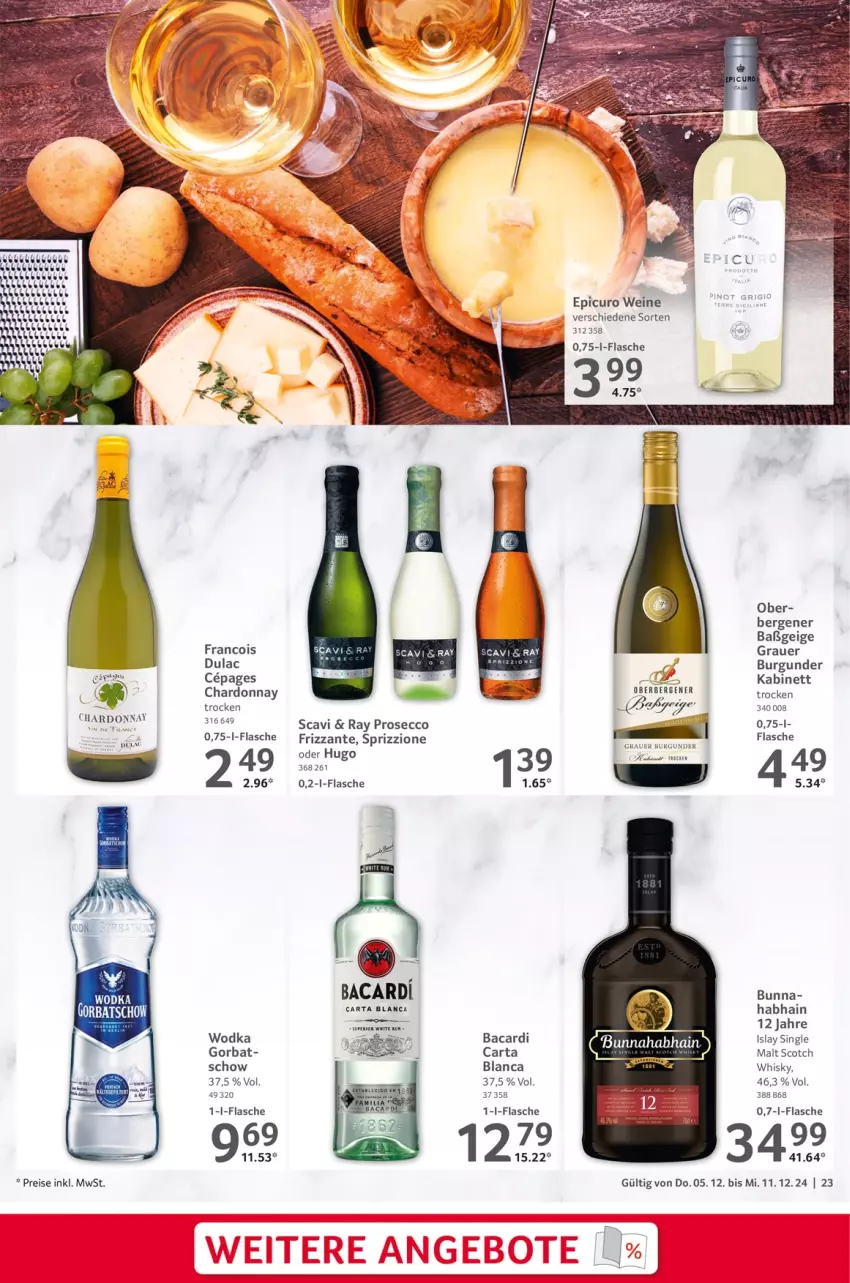 Aktueller Prospekt Selgros - Food - von 05.12 bis 11.12.2024 - strona 23 - produkty: auer, bacardi, burgunder, chardonnay, ecco, eis, flasche, frizzante, grauer burgunder, hugo, kabinett, prosecco, reis, scotch, Sprizz, Ti, wein, weine, whisky, wodka