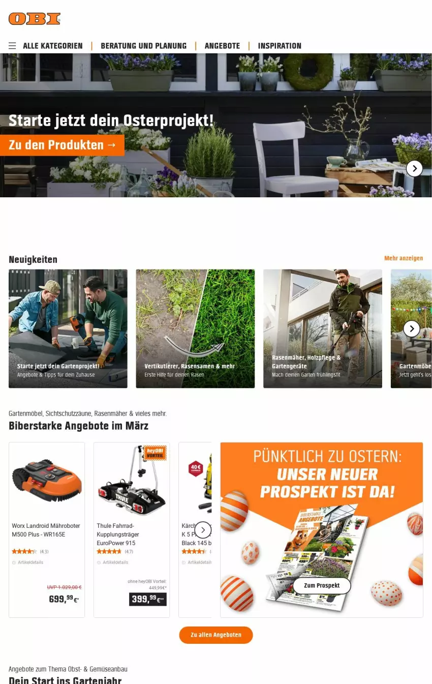 Aktueller Prospekt Obi - Prospekte - von 26.03 bis 03.04.2024 - strona 1 - produkty: angebot, angebote, Bau, Fahrrad, Garten, gartenmöbel, Holz, lack, mac, mähroboter, möbel, rasen, rasenmäher, rasensamen, Thule, Ti, Tiere, Yo