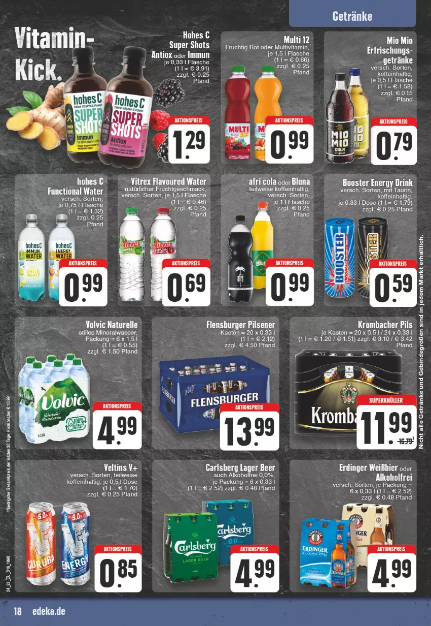 Aktueller Prospekt Edeka - Angebote der Woche - von 12.06 bis 17.06.2023 - strona 18 - produkty: Afri Cola, alkohol, Alwa, carlsberg, cola, deka, eis, elle, flasche, frucht, getränk, getränke, Hohes C, krombache, krombacher, krombacher pils, mac, mineralwasser, pils, reis, Ti, veltins, vita, vitrex, wasser, ZTE