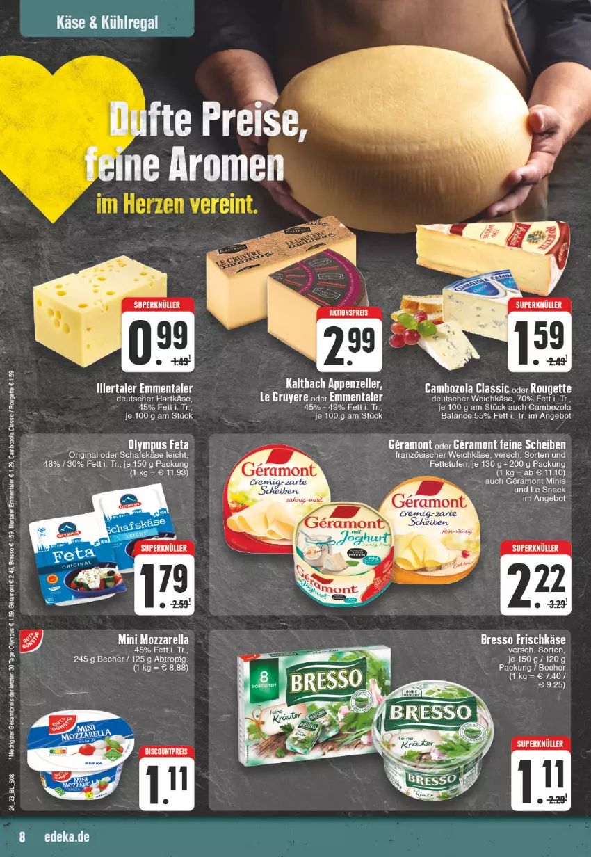 Aktueller Prospekt Edeka - Angebote der Woche - von 12.06 bis 17.06.2023 - strona 8 - produkty: angebot, Becher, bresso, cambozola, deutscher weichkäse, discount, eis, emmentaler, französischer weichkäse, frischkäse, hartkäse, Käse, kühlregal, mozzarella, regal, reis, rel, rouge, rougette, schafskäse, snack, tee, weichkäse, ZTE