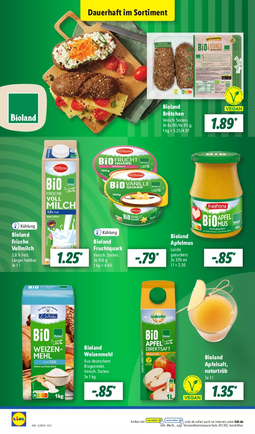 Aktueller Prospekt Lidl - Aktionsprospekt - von 19.02 bis 24.02.2024 - strona 14 - produkty: apfel, apfelmus, apfelsaft, auer, bio, bioland, brötchen, frucht, Fruchtquark, mehl, milch, natur, ndk, quark, saft, Schal, Schale, Ti, vollmilch, weizenmehl, zucker