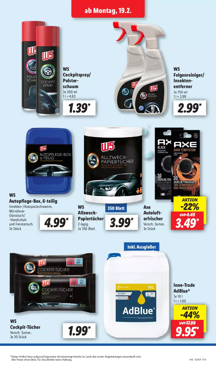 Aktueller Prospekt Lidl - Aktionsprospekt - von 19.02 bis 24.02.2024 - strona 19 - produkty: adblue, angebot, auto, axe, eis, felgen, Felgenreiniger, fenster, LG, papier, reiniger, reis, schwamm, sekt, Ti, topf, tuc, tücher, weck, ZTE