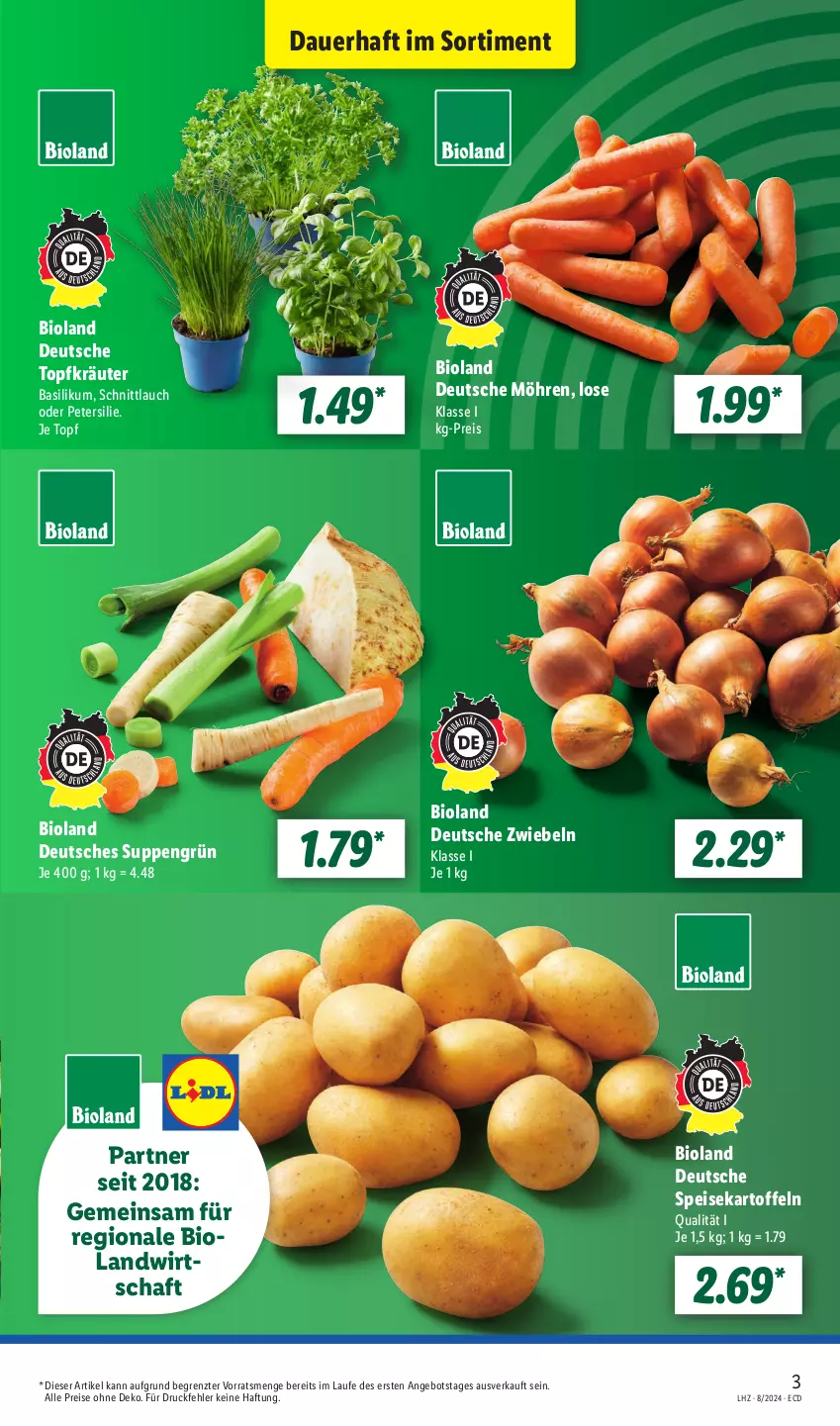 Aktueller Prospekt Lidl - Aktionsprospekt - von 19.02 bis 24.02.2024 - strona 3 - produkty: angebot, auer, basilikum, bio, bioland, eis, kartoffel, kartoffeln, kräuter, möhren, petersilie, reis, schnittlauch, speisekartoffeln, suppe, suppen, Ti, topf, Topfkräuter, ZTE, zwiebel, zwiebeln