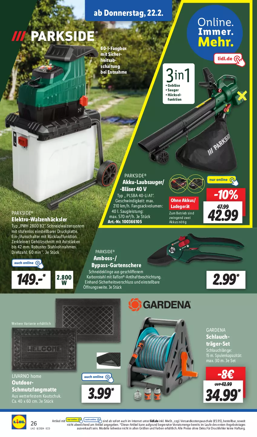 Aktueller Prospekt Lidl - Aktionsprospekt - von 19.02 bis 24.02.2024 - strona 38 - produkty: akku, Akku-Laubsauger, angebot, boss, dell, eis, Elektro, elle, gardena, Garten, Gartenschere, gsw, ladegerät, latte, Laubsauger, leine, Mode, ndk, Parkside, reis, Ria, sac, Schal, Schale, Schere, schlauch, schmutzfangmatte, Ti, ZTE