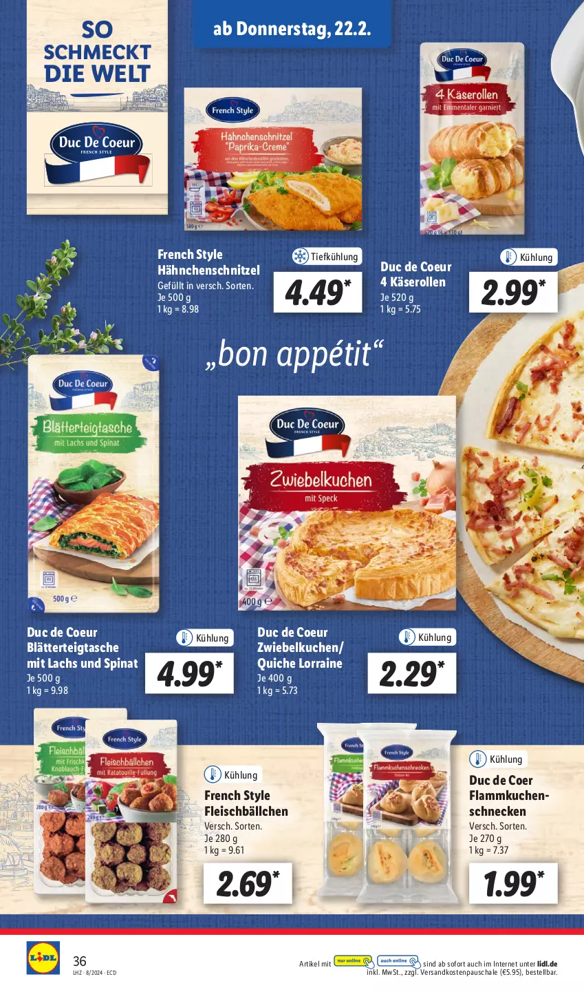 Aktueller Prospekt Lidl - Aktionsprospekt - von 19.02 bis 24.02.2024 - strona 50 - produkty: blätterteig, Blätterteigtasche, eis, flammkuchen, fleisch, Fleischbällchen, Hähnchenschnitzel, Käse, kuchen, lachs, lamm, ndk, Quiche, Schal, Schale, schnitzel, spinat, Tasche, Ti, zwiebel