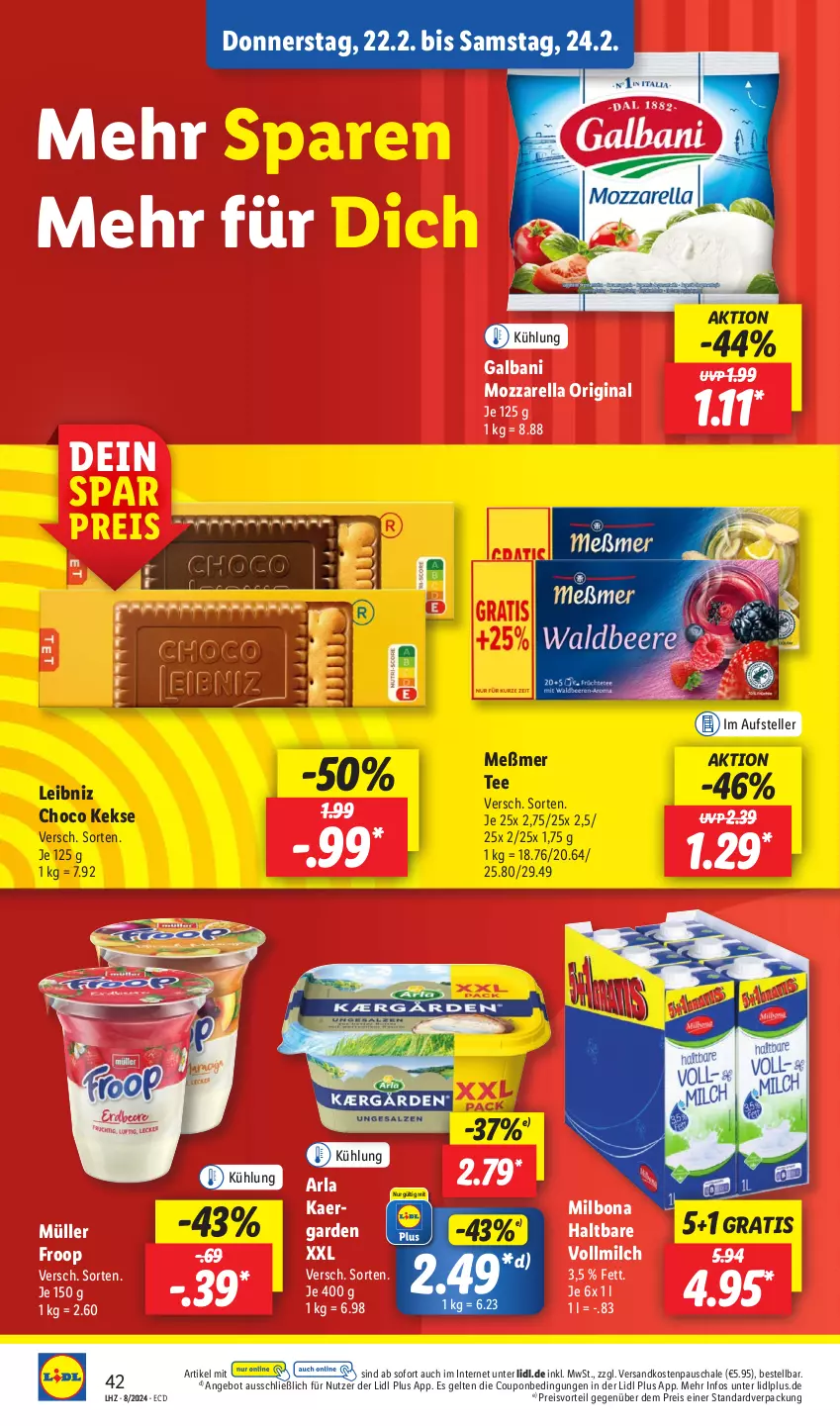 Aktueller Prospekt Lidl - Aktionsprospekt - von 19.02 bis 24.02.2024 - strona 58 - produkty: angebot, arla, Bona, coupon, eis, elle, froop, galbani, gin, keks, kekse, leibniz, Meßmer, Milbona, milch, mozzarella, Müller, müller froop, ndk, preisvorteil, reis, rel, Schal, Schale, tee, teller, Ti, vollmilch