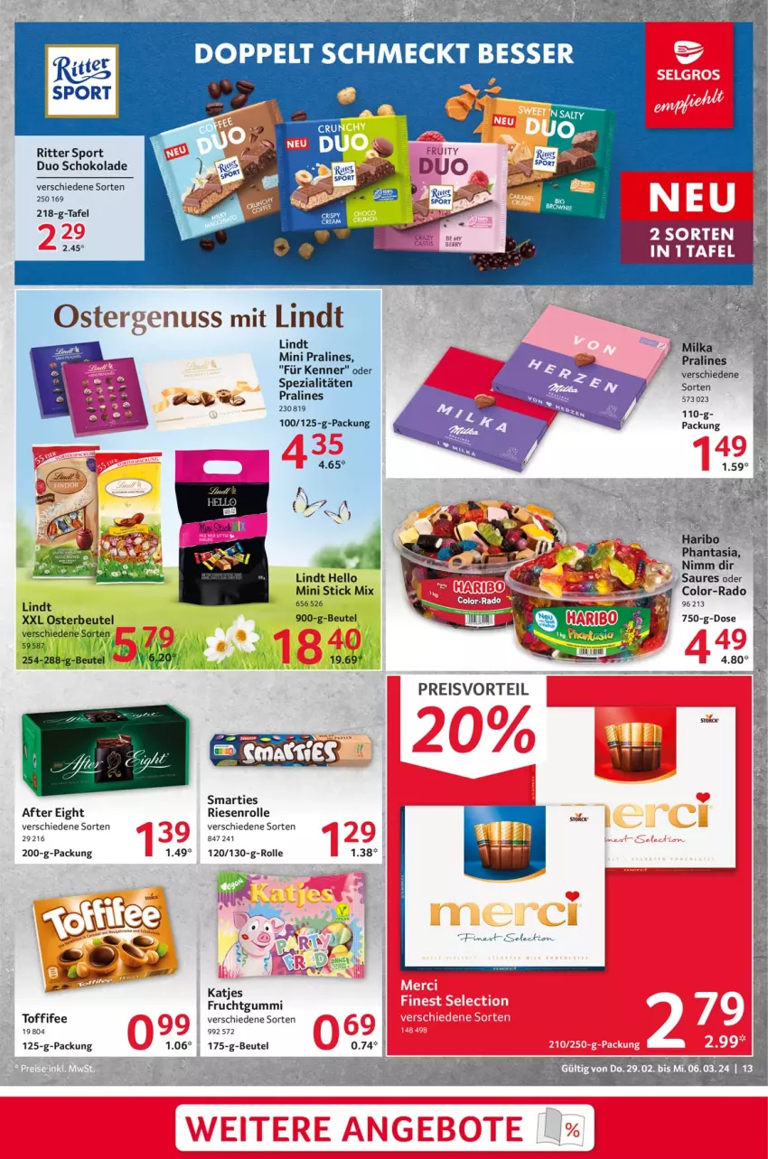 Aktueller Prospekt Selgros - Food - von 29.02 bis 06.03.2024 - strona 13 - produkty: after eight, beutel, eis, frucht, fruchtgummi, haribo, katjes, lindt, nuss, preisvorteil, reis, ritter, ritter sport, schoko, schokolade, smarties, Spezi, Sport, storck, Ti, toffifee