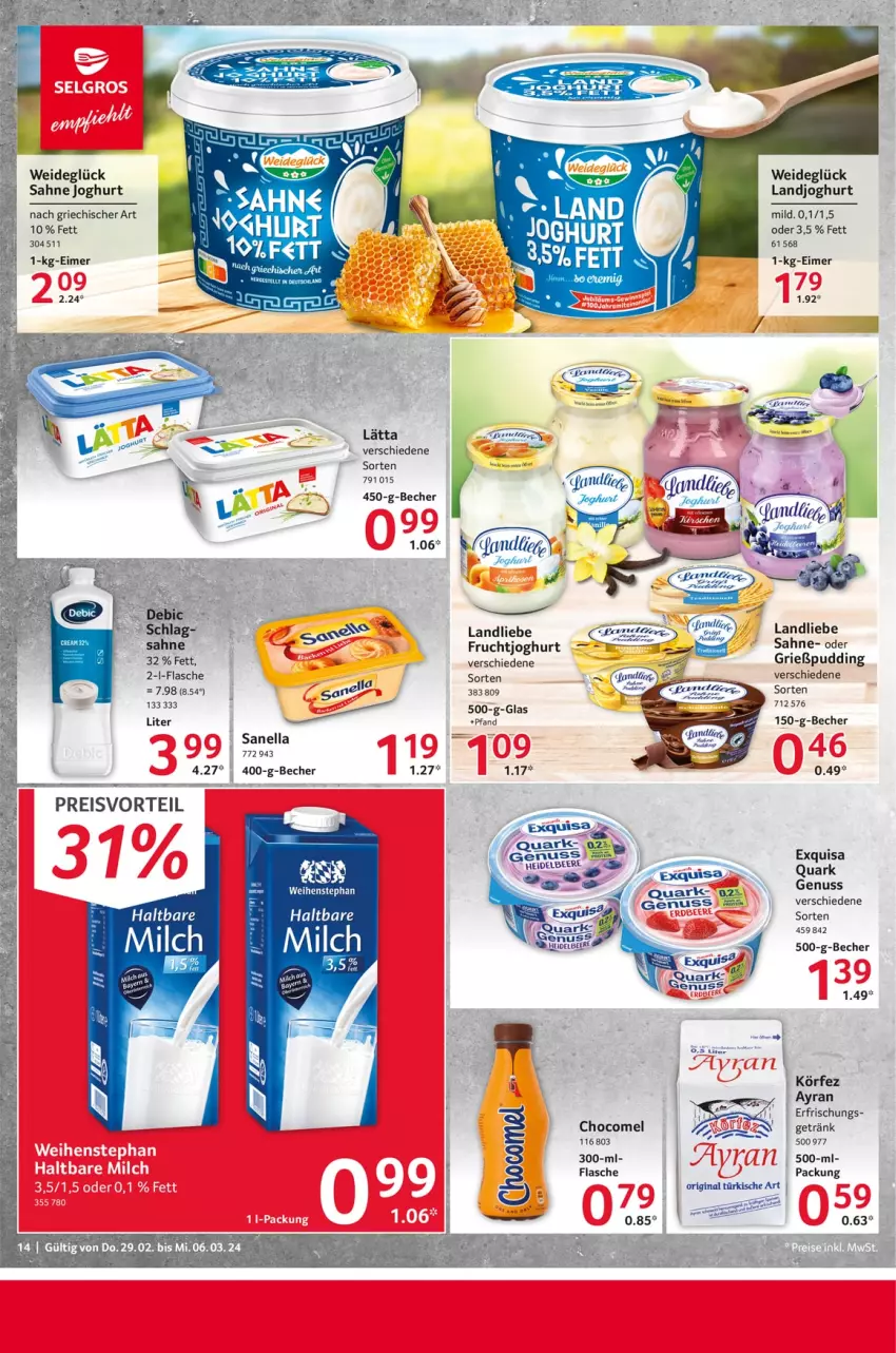 Aktueller Prospekt Selgros - Food - von 29.02 bis 06.03.2024 - strona 14 - produkty: Ayran, Becher, beere, eier, eimer, eis, exquisa, flasche, frucht, fruchtjoghurt, getränk, gin, Grießpudding, joghur, joghurt, joghurt mild, joghurt nach, landjoghurt, lätta, nuss, preisvorteil, pudding, quark, reis, sahne, sahne joghurt, Ti, weihenstephan