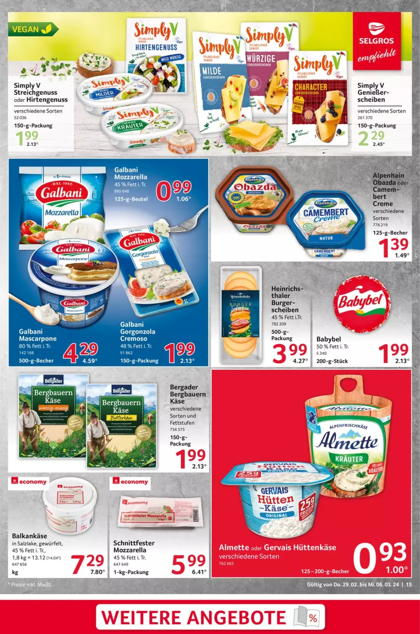 Aktueller Prospekt Selgros - Food - von 29.02 bis 06.03.2024 - strona 15 - produkty: auer, babybel, Bau, Bauer, Becher, bergader, beutel, burger, galbani, gervais, gorgonzola, heinrichsthaler, Käse, mascarpone, mozzarella, nuss, rel, salz, sim, würfel