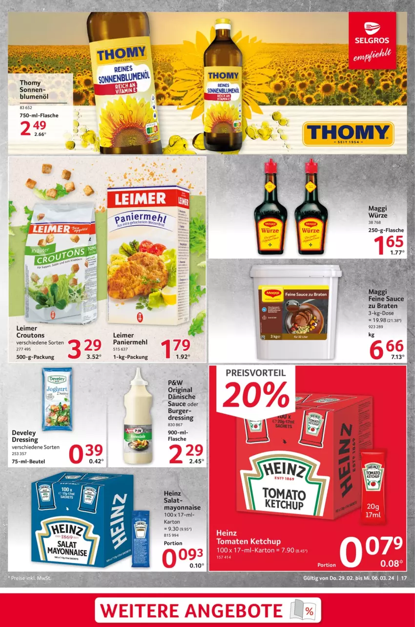 Aktueller Prospekt Selgros - Food - von 29.02 bis 06.03.2024 - strona 17 - produkty: beutel, blume, blumen, blumenöl, burger, croutons, develey, dressing, eimer, eis, flasche, gin, joghur, joghurt, leimer, mayonnaise, mehl, Paniermehl, preisvorteil, reis, salat, sauce, Ti, Yo