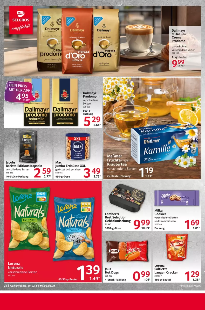 Aktueller Prospekt Selgros - Food - von 29.02 bis 06.03.2024 - strona 22 - produkty: Amber, beutel, bohne, caramel, cookie, cookies, cracker, dallmayr, dallmayr prodomo, erdnüsse, gebäckmischung, hot dog, jacobs, jumbo, kaffee, lambertz, lorenz, milka, prodomo, saltletts, salz, Ti