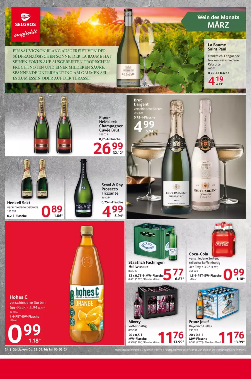 Aktueller Prospekt Selgros - Food - von 29.02 bis 06.03.2024 - strona 24 - produkty: Bau, brut, brut dargent, champagne, champagner, coca-cola, cola, ecco, eis, elle, flasche, frizzante, frucht, henkel, henkell, henkell sekt, Mixer, mixery, mw-flasche, prosecco, sauvignon, sauvignon blanc, sekt, Ti, wasser, wein