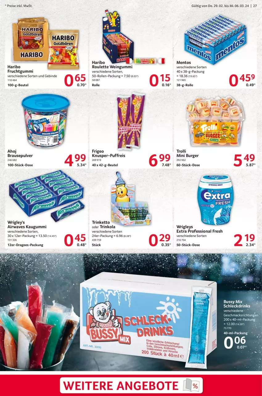 Aktueller Prospekt Selgros - Food - von 29.02 bis 06.03.2024 - strona 27 - produkty: beutel, brause, burger, drink, drinks, eis, frucht, fruchtgummi, haribo, kaugummi, mac, mentos, reis, Ti, trolli, wein