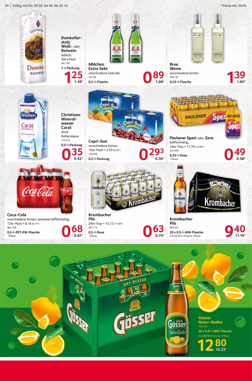 Aktueller Prospekt Selgros - Food - von 29.02 bis 06.03.2024 - strona 30 - produkty: bree, Cap, capri-sun, coca-cola, cola, eis, elle, flasche, gösser, krombache, krombacher, krombacher pils, mw-flasche, natur, Paula, paulaner, pils, radler, reis, rotwein, sekt, Spezi, Ti, wasser, wein, weine