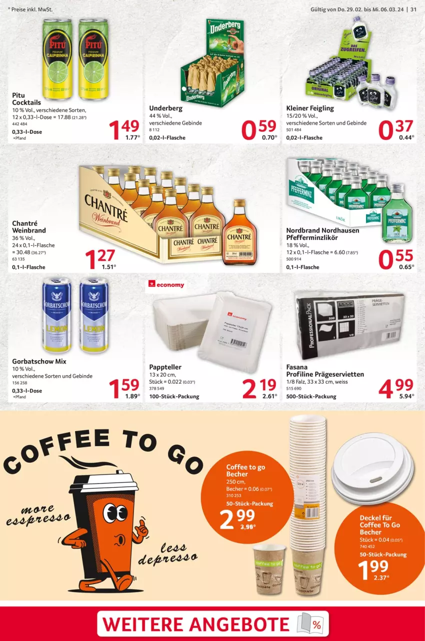 Aktueller Prospekt Selgros - Food - von 29.02 bis 06.03.2024 - strona 31 - produkty: angebot, angebote, Becher, cocktail, cocktails, decke, Deckel, eis, elle, flasche, Gorbatschow, kleiner feigling, leine, likör, nordbrand, pfeffer, pfefferminzlikör, reis, sana, Serviette, servietten, teller, Ti, underberg, wein, weinbrand