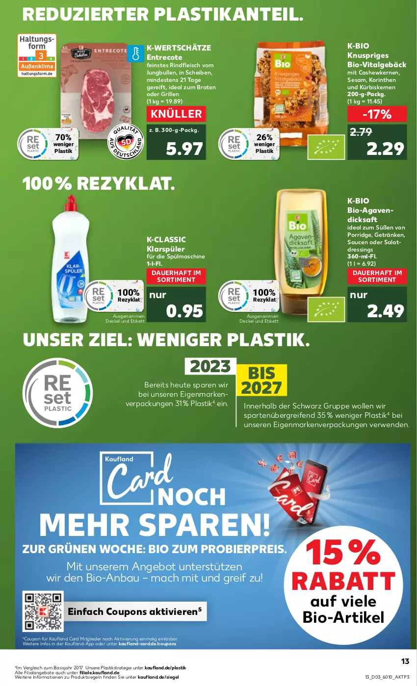 Aktueller Prospekt Kaufland - Prospekt - von 18.01 bis 24.01.2024 - strona 13 - produkty: agaven, angebot, angebote, asti, auer, Bau, bier, bio, braten, Cashew, cashewkerne, coupon, coupons, decke, Deckel, dicksaft, dressing, eis, fleisch, getränk, getränke, grill, Heu, ideal zum braten, jungbullen, klarspüler, Kürbis, kürbiskerne, LG, mac, porridge, reifen, reis, rind, rindfleisch, rwe, saft, salat, salatdressing, sauce, saucen, sesam, Ti, vita, wolle