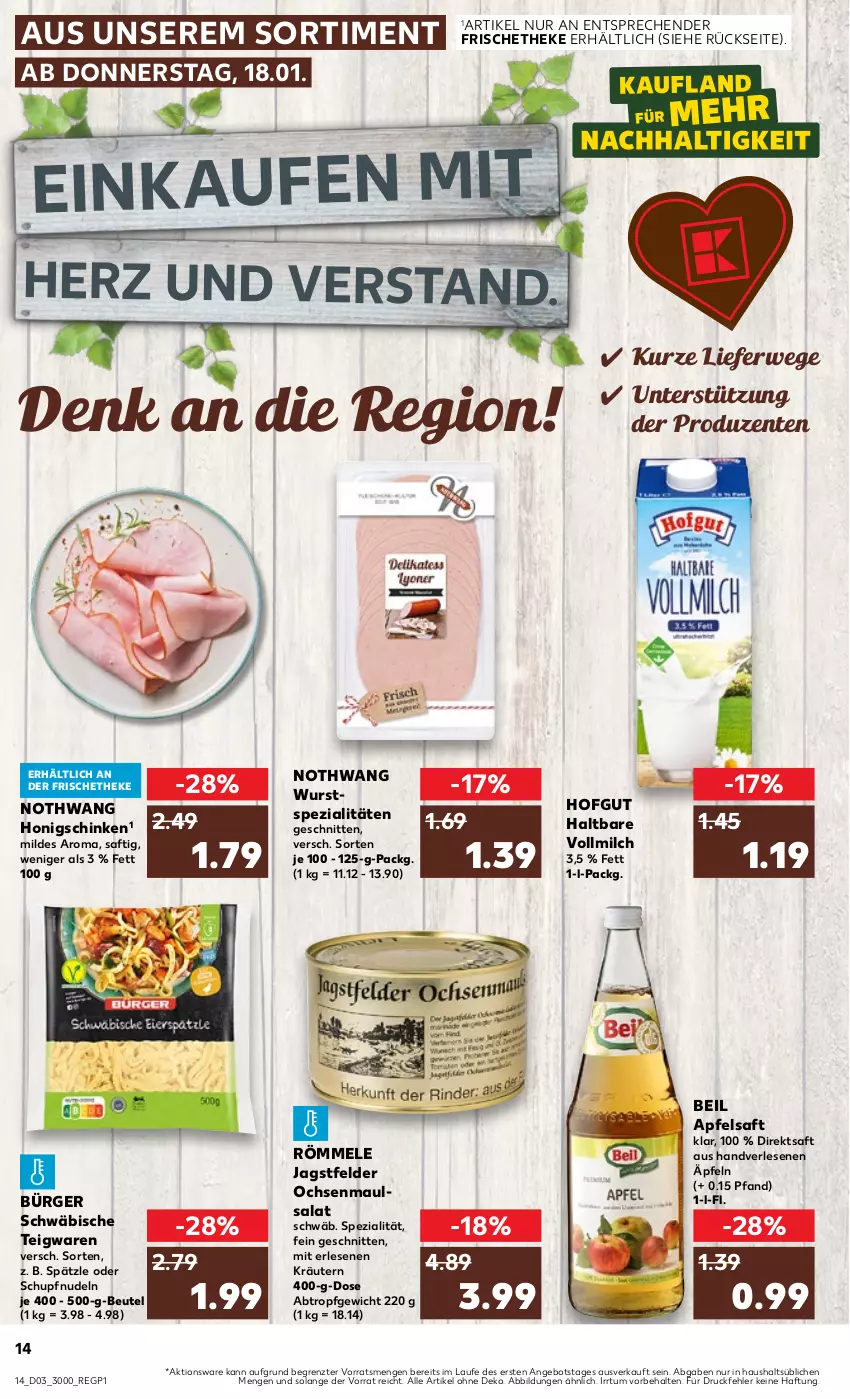 Aktueller Prospekt Kaufland - Prospekt - von 18.01 bis 24.01.2024 - strona 14 - produkty: angebot, apfel, apfelsaft, beutel, direktsaft, ente, hofgut, honig, kräuter, kräutern, milch, nudel, nudeln, rwe, saft, salat, schinken, schnitten, Spezi, teigwaren, Ti, vollmilch, wurst, ZTE