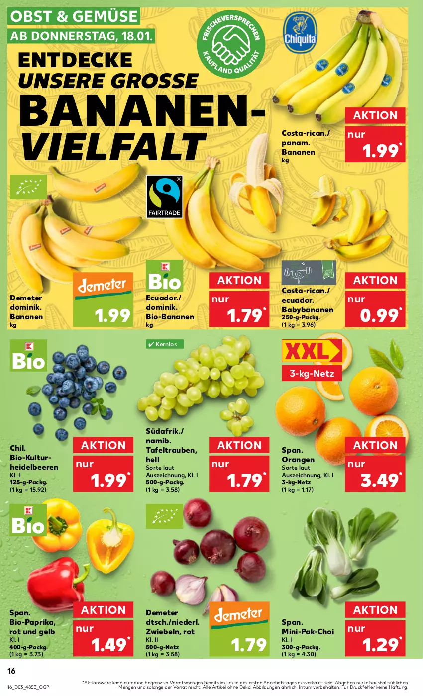 Aktueller Prospekt Kaufland - Prospekt - von 18.01 bis 24.01.2024 - strona 16 - produkty: angebot, banane, bananen, beere, beeren, bio, bio-bananen, Bio-Paprika, decke, heidelbeere, heidelbeeren, obst, orange, orangen, paprika, tafeltrauben, Ti, trauben, ZTE, zwiebel, zwiebeln