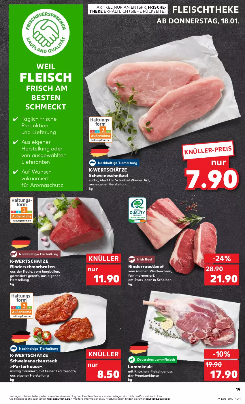 Aktueller Prospekt Kaufland - Prospekt - von 18.01 bis 24.01.2024 - strona 19 - produkty: angebot, angebote, beef, besteck, braten, deo, eis, elle, fleisch, geschirr, ilag, jungbullen, kräuter, kräutern, lamm, Lammfleisch, lammkeule, Nackensteak, nuss, rind, rinder, roastbeef, saft, schmorbraten, schnitzel, schwein, schweine, schweinenacken, schweineschnitzel, steak, teller, Ti, wein, weine, wiener