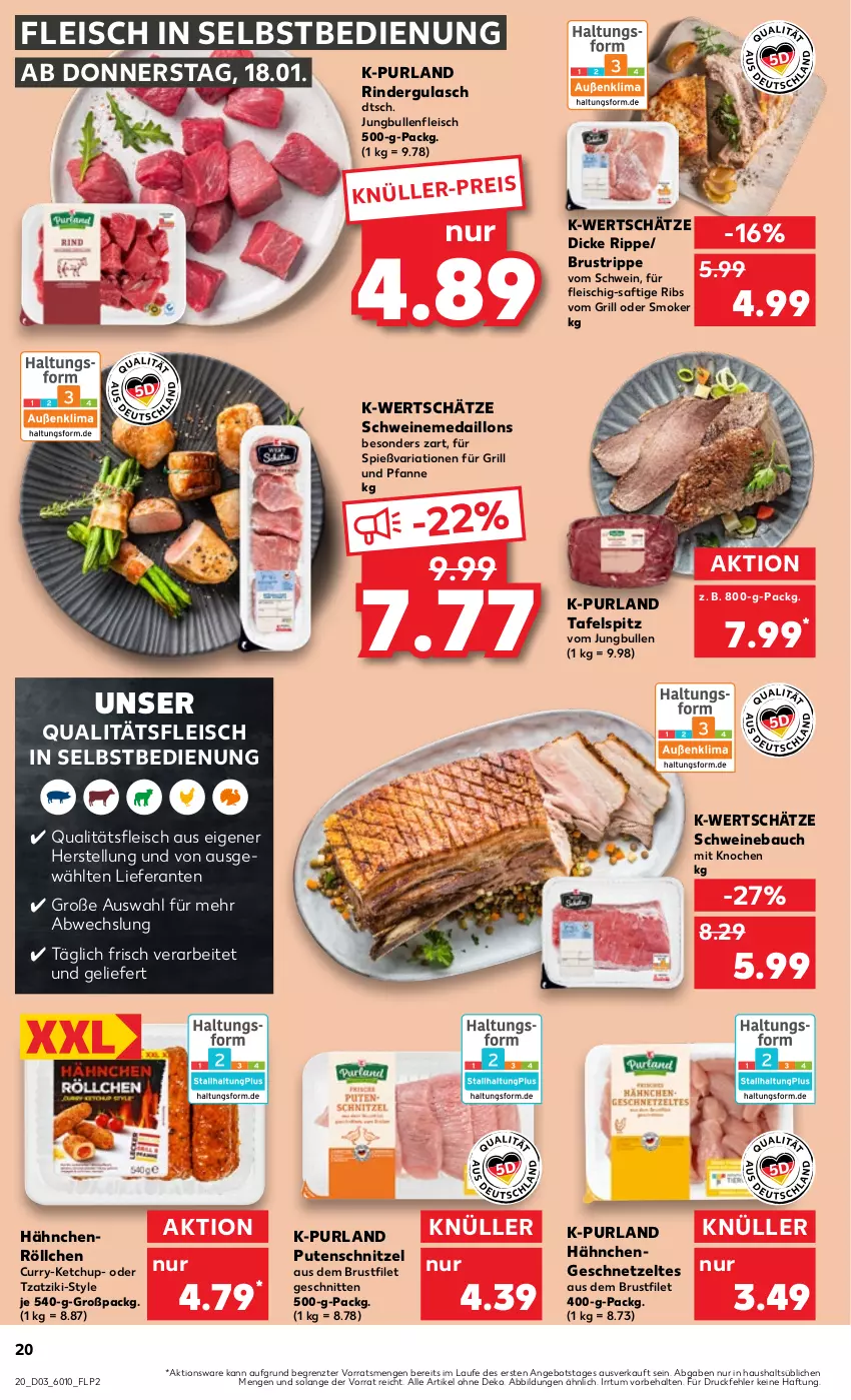 Aktueller Prospekt Kaufland - Prospekt - von 18.01 bis 24.01.2024 - strona 20 - produkty: angebot, Bau, brustfilet, curry, eis, filet, fleisch, fleisch in selbstbedienung, für grill und pfanne, geschnetzeltes, grill, grill und pfanne, gulasch, Hähnchengeschnetzeltes, jungbullen, ketchup, medaillons, pfanne, purland, pute, putenschnitzel, Ria, rind, rinder, rindergulasch, saft, schnitten, schnitzel, schwein, schweine, Schweinebauch, tafelspitz, Ti, tzatziki, und pfanne, wein, weine, Zelt, ZTE