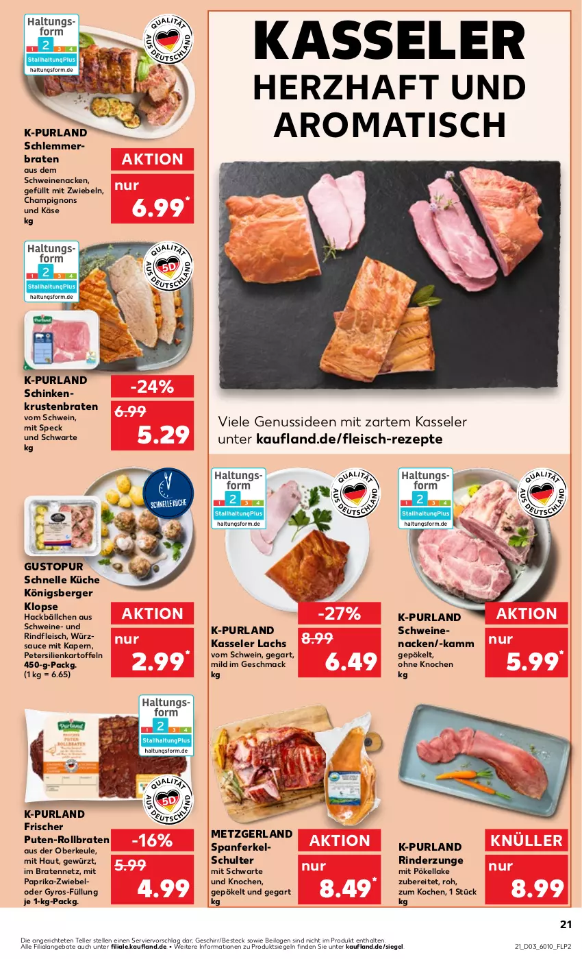 Aktueller Prospekt Kaufland - Prospekt - von 18.01 bis 24.01.2024 - strona 21 - produkty: angebot, angebote, Berger, besteck, braten, champignon, champignons, eis, elle, fleisch, geschirr, gewürz, gyros, ilag, kartoffel, kartoffeln, Käse, kasseler, Königsberger Klopse, krustenbraten, küche, lachs, mac, mit paprika, mit zwiebeln, nuss, paprika, petersilie, purland, pute, rezept, rezepte, rind, rinder, Rinderzunge, rindfleisch, rollbraten, sauce, schinken, schwein, schweine, schweinenacken, Speck, teller, Ti, tisch, wein, weine, würzsauce, zwiebel, zwiebeln