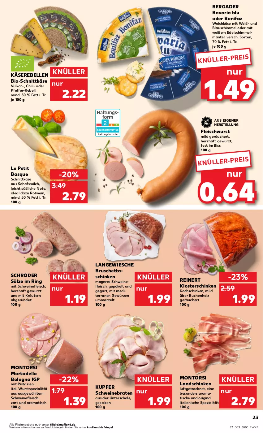 Aktueller Prospekt Kaufland - Prospekt - von 18.01 bis 24.01.2024 - strona 23 - produkty: angebot, angebote, bavaria blu, bergader, bio, braten, buch, chili, dell, eis, elle, fleisch, fleischwurst, gewürz, gin, Holz, Käse, Käserebellen, kochschinken, kräuter, kräutern, landschinken, Mantel, milch, mit pistazien, montorsi, mortadella, pfeffer, pistazien, rebell, reinert, Ria, ring, rotwein, salz, Schal, Schale, schinken, schnittkäse, schwein, schweine, schweinebraten, schweinefleisch, Spezi, Ti, tisch, weichkäse, wein, weine, wurst