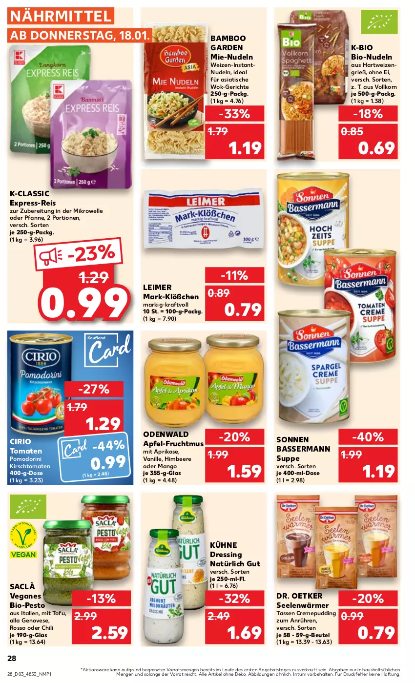 Aktueller Prospekt Kaufland - Prospekt - von 18.01 bis 24.01.2024 - strona 28 - produkty: angebot, apfel, aprikose, bamboo, beere, beutel, bio, chili, cirio, creme, Dr. Oetker, dressing, eimer, eis, elle, express-reis, frucht, Fruchtmus, genovese, hartweizen, himbeer, himbeere, kirsch, korn, kraft, Kühne, leimer, mango, mikrowelle, nudel, nudeln, odenwald, pesto, pfanne, pudding, reis, sac, suppe, tasse, Ti, tisch, Tofu, tomate, tomaten, vanille, wok, ZTE