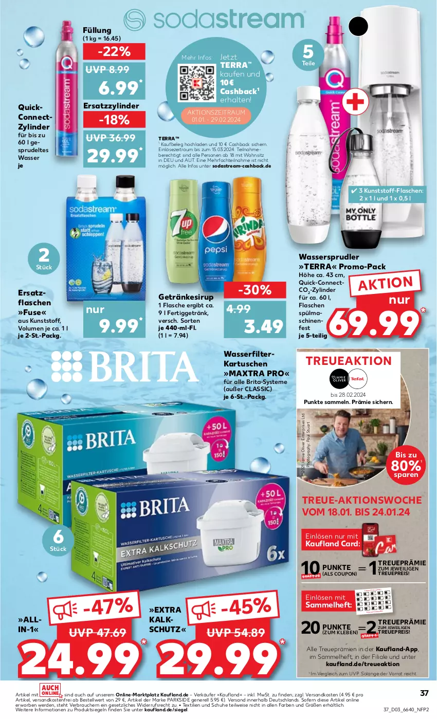 Aktueller Prospekt Kaufland - Prospekt - von 18.01 bis 24.01.2024 - strona 37 - produkty: angebot, angebote, Aufkleber, aust, auto, brita, coupon, decke, Deckel, die kaufland, edelstahl, Edelstahl-Pfanne, edelstahlmesser, eis, elle, erde, filterkartuschen, flasche, getränk, getränke, glaskeramik, gutschein, herdarten, kleber, latte, leine, Maxtra, messer, Mixer, ndk, olive, pfanne, pfannen, Pfau, reis, rwe, sandwich, Signal, Soda, sodastream, spülmaschinen, stabmixer, tee, tefal, telefon, Ti, wasser, wasserfilter, wassersprudler, wedel, wok