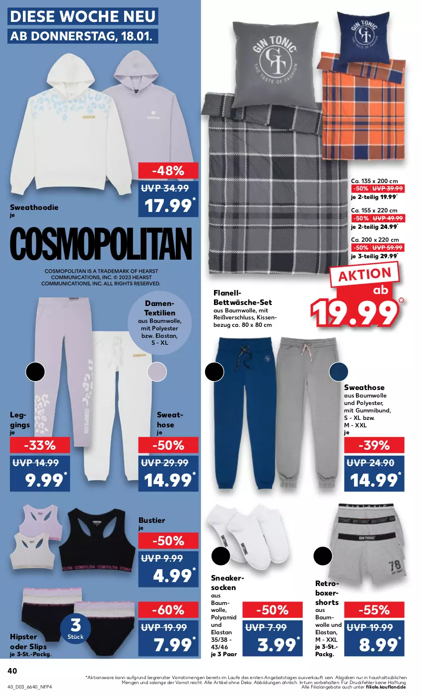 Aktueller Prospekt Kaufland - Prospekt - von 18.01 bis 24.01.2024 - strona 40 - produkty: angebot, angebote, Bau, baumwolle, bett, bettwäsche, ente, gin, hose, kissen, Kissenbezug, leggings, shorts, slip, slips, sneaker, sneakersocken, socken, Stier, Sweathose, Ti, wolle, ZTE