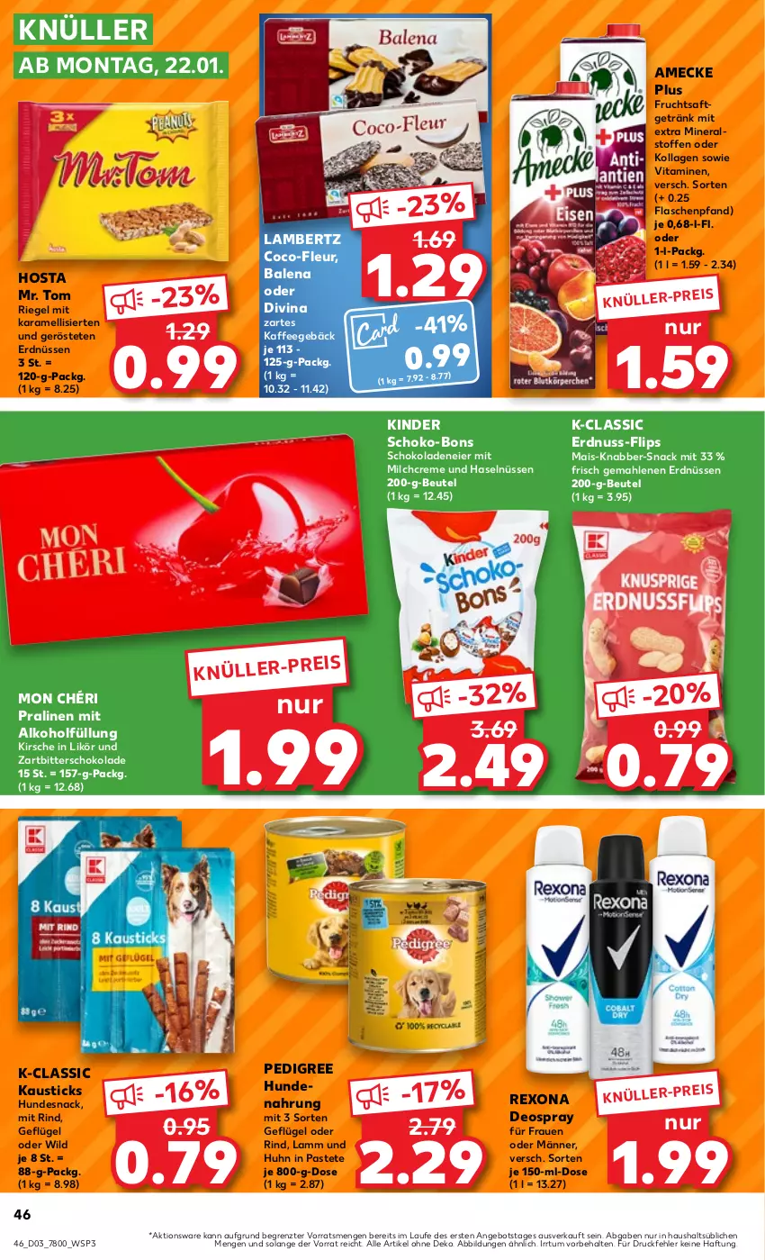 Aktueller Prospekt Kaufland - Prospekt - von 18.01 bis 24.01.2024 - strona 46 - produkty: alkohol, Amber, amecke, angebot, aust, beutel, creme, deo, deospray, eier, eis, erdnuss, erdnüsse, erdnüssen, flasche, frucht, fruchtsaft, fruchtsaftgetränk, Geflügel, getränk, hundenahrung, hundesnack, kaffee, karamell, Kinder, kirsch, kirsche, Kollagen, lambertz, lamm, likör, mais, milch, Mon Chéri, nuss, pastete, pedigree, pralinen, rexona, riegel, rind, saft, schoko, schoko-bons, schokolade, schokoladen, snack, Ti, vita, Vitamine, Wild, Zartbitterschokolade, ZTE