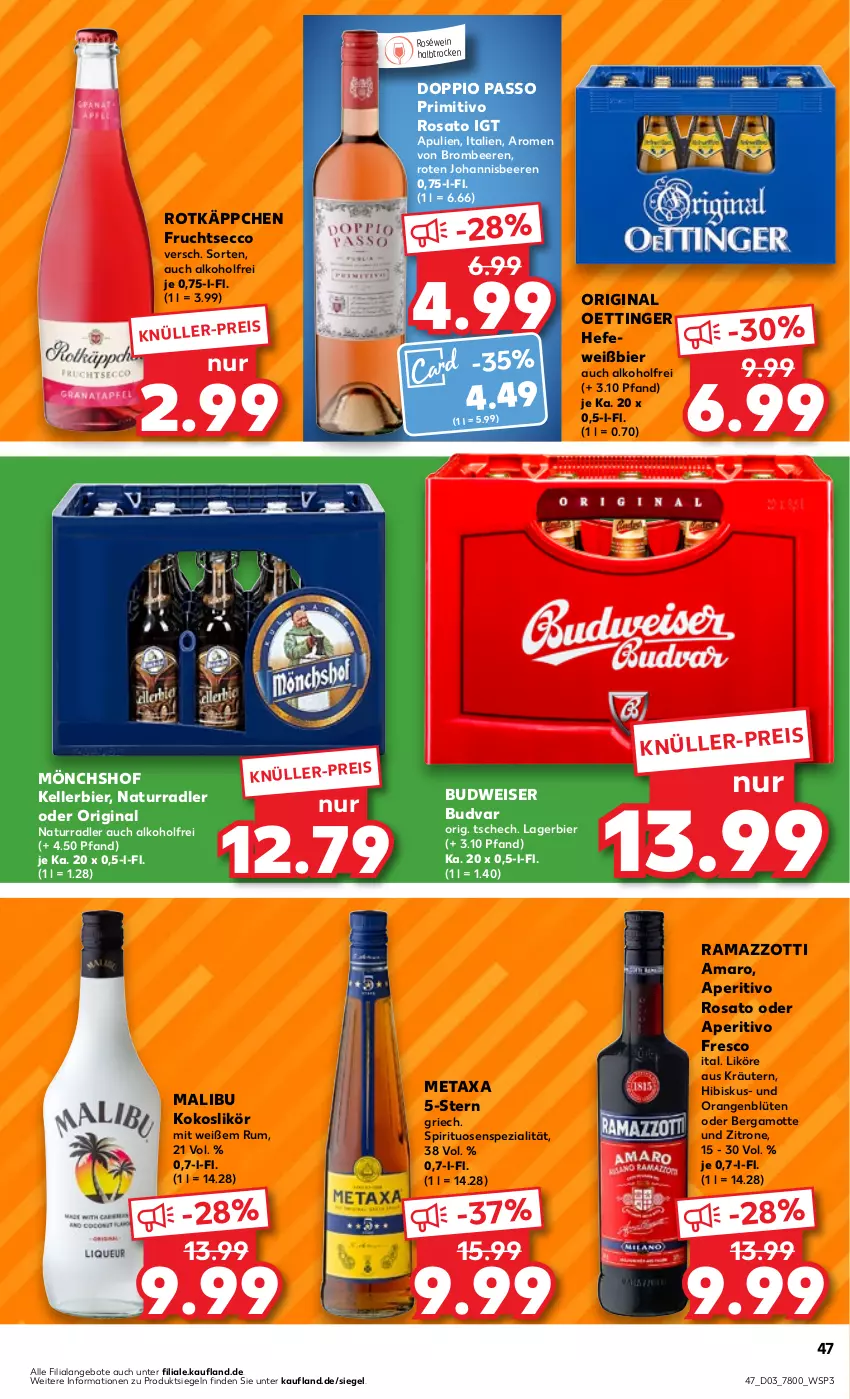 Aktueller Prospekt Kaufland - Prospekt - von 18.01 bis 24.01.2024 - strona 47 - produkty: alkohol, amaro, angebot, angebote, aperitivo rosato, beere, beeren, Bergamotte, bier, Blüte, brombeere, brombeeren, budweiser, doppio passo, ecco, eis, elle, frucht, fruchtsecco, gin, Hefe, johannisbeere, Johannisbeeren, kellerbier, kokos, kräuter, kräutern, Lagerbier, likör, Malibu, Metaxa, mönchshof, natur, oettinger, orange, orangen, passo, primitivo, radler, rama, ramazzott, ramazzotti, rosato, roséwein, rotkäppchen, rum, Spezi, spirituosen, Ti, wein, zitrone, zott