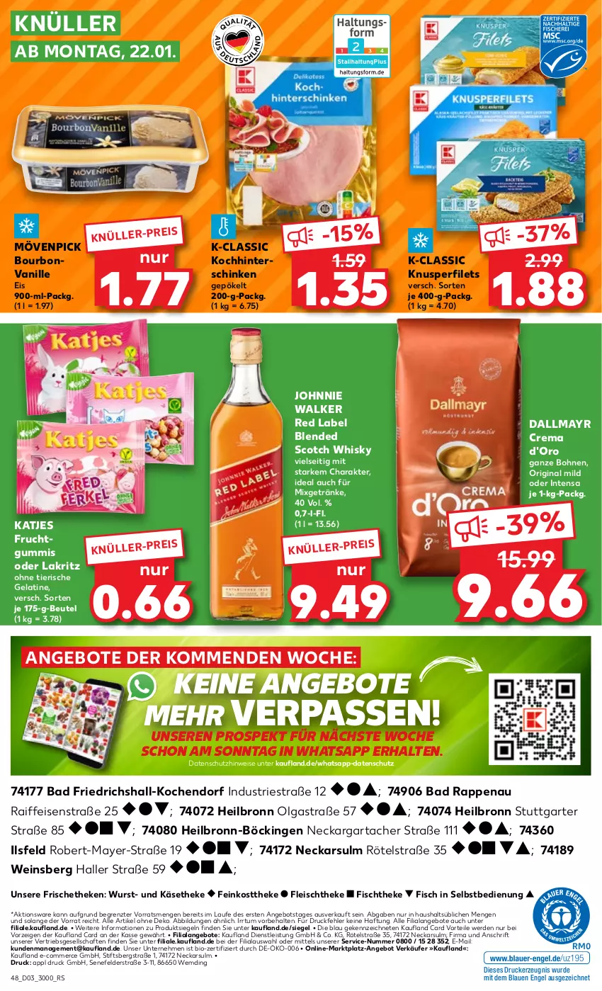 Aktueller Prospekt Kaufland - Prospekt - von 18.01 bis 24.01.2024 - strona 48 - produkty: angebot, angebote, Astra, Bad, beutel, bio, blended scotch, blended scotch whisky, bohne, bohnen, bourbon, bourbonvanille, d'oro, dallmayr, drucker, eis, Engel, erde, feinkost, feinkosttheke, filet, filets, fisch, fischtheke, fleisch, frucht, gelatine, getränk, getränke, gin, hinterschinken, johnnie walker, Käse, käsetheke, katjes, kerze, Lakritz, LG, Mixgetränk, mövenpick, oder lakritz, schinken, scotch, scotch whisky, Ti, vanille, wein, whisky, wurst, ZTE