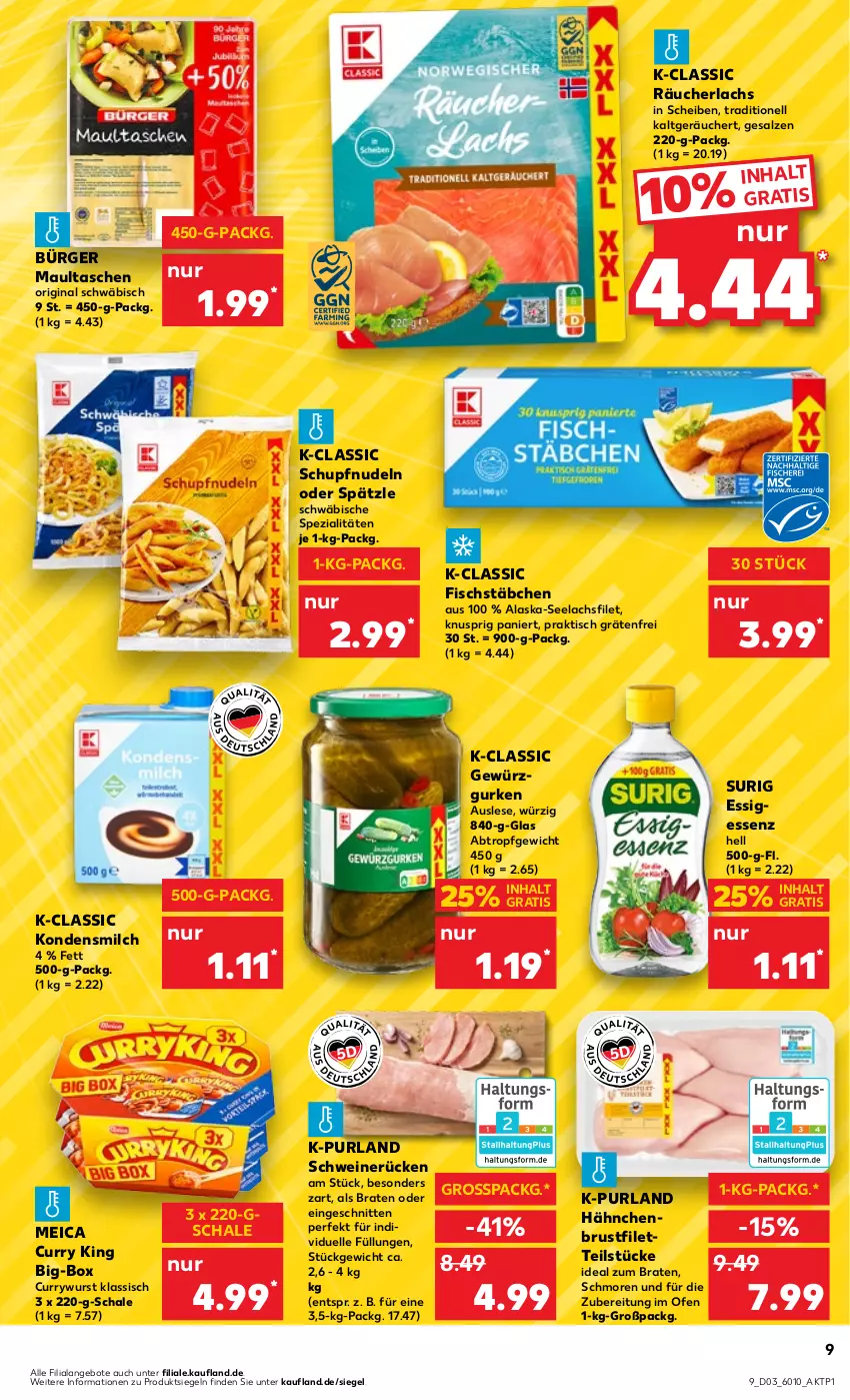 Aktueller Prospekt Kaufland - Prospekt - von 18.01 bis 24.01.2024 - strona 9 - produkty: Alaska-Seelachs, Alaska-Seelachsfilet, angebot, angebote, braten, brustfilet, curry, currywurst, elle, essig, filet, fisch, fischstäbchen, gewürz, Gewürzgurke, gewürzgurken, gin, gurke, gurken, hähnchenbrust, hähnchenbrustfilet, ideal zum braten, kondensmilch, lachs, lachsfilet, maultaschen, meica, milch, nudel, nudeln, Ofen, purland, Räucherlachs, salz, Schal, Schale, schnitten, schwein, schweine, schweinerücken, seelachsfilet, Spezi, Tasche, taschen, Ti, tisch, wein, weine, wurst