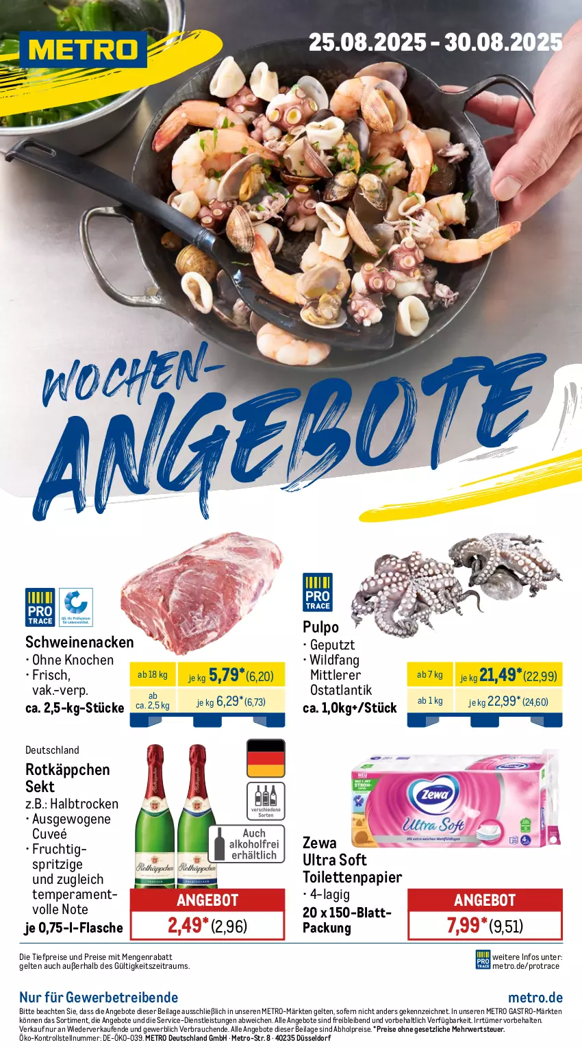 Aktueller Prospekt Metro - Wochen-Angebote - von 25.08 bis 30.08.2025 - strona 1 - produkty: abholpreise, angebot, angebote, eis, flasche, frucht, ilag, Metro, metro gastro, papier, Rauch, reis, rotkäppchen, rwe, schwein, schweine, schweinenacken, sekt, Ti, tiefpreis, toilettenpapier, wein, weine, Wild, zewa