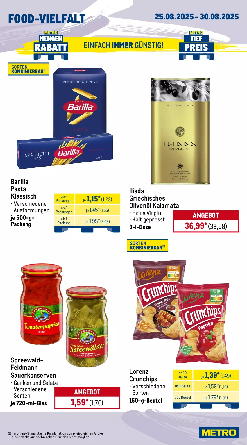 Aktueller Prospekt Metro - Wochen-Angebote - von 25.08 bis 30.08.2025 - strona 14 - produkty: angebot, auer, barilla, beutel, burger, chips, crunchips, eis, fleisch, gin, gurke, gurken, hamburger, Konserven, lorenz, lorenz crunchips, nuss, olive, oliven, olivenöl, pasta, reis, rezept, rezepte, rind, rindfleisch, salat, salate, Schal, Schale, Ti, tiefpreis