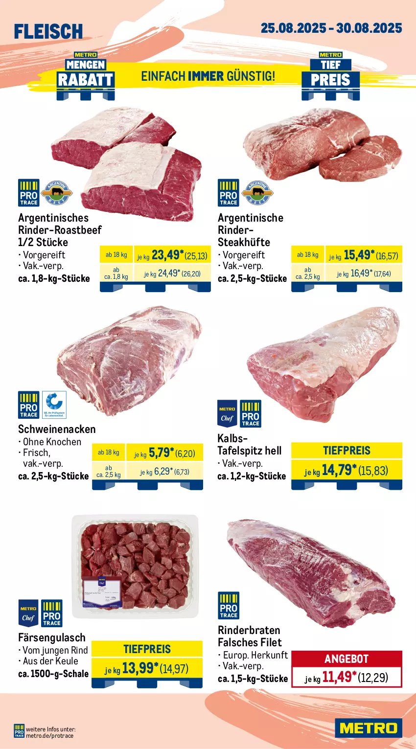 Aktueller Prospekt Metro - Wochen-Angebote - von 25.08 bis 30.08.2025 - strona 2 - produkty: ACC, angebot, beef, beutel, braten, brustfilet, burger, butter, buttermilch, Carpaccio, eis, Falsches Filet, filet, fleisch, gewürz, gulasch, hähnchenbrust, hähnchenbrustfilet, HP, lack, Metro, milch, reis, rind, rinder, rinderbraten, Rindersteak, roastbeef, salomon, Schal, Schale, schwein, schweine, schweinenacken, sim, spare ribs, steak, steakhüfte, tafelspitz, Ti, tiefpreis, weber, wein, weine
