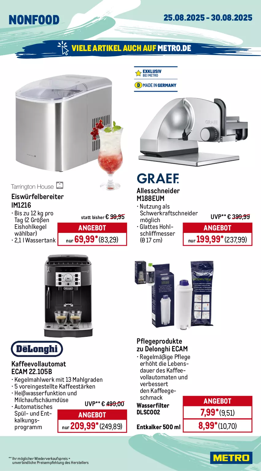 Aktueller Prospekt Metro - Wochen-Angebote - von 25.08 bis 30.08.2025 - strona 21 - produkty: angebot, auer, auto, delonghi, eis, eiswürfel, eiswürfelbereiter, elle, entkalker, fritteuse, geback, kaffee, kaffeevollautomat, kaffeevollautomaten, kraft, latte, LG, mac, messer, Metro, milch, reis, suppe, suppen, teller, Ti, timer, tisch, tomate, tomaten, topf, vollautomaten, Waffeleisen, wasser, wasserfilter, wassertank, würfel