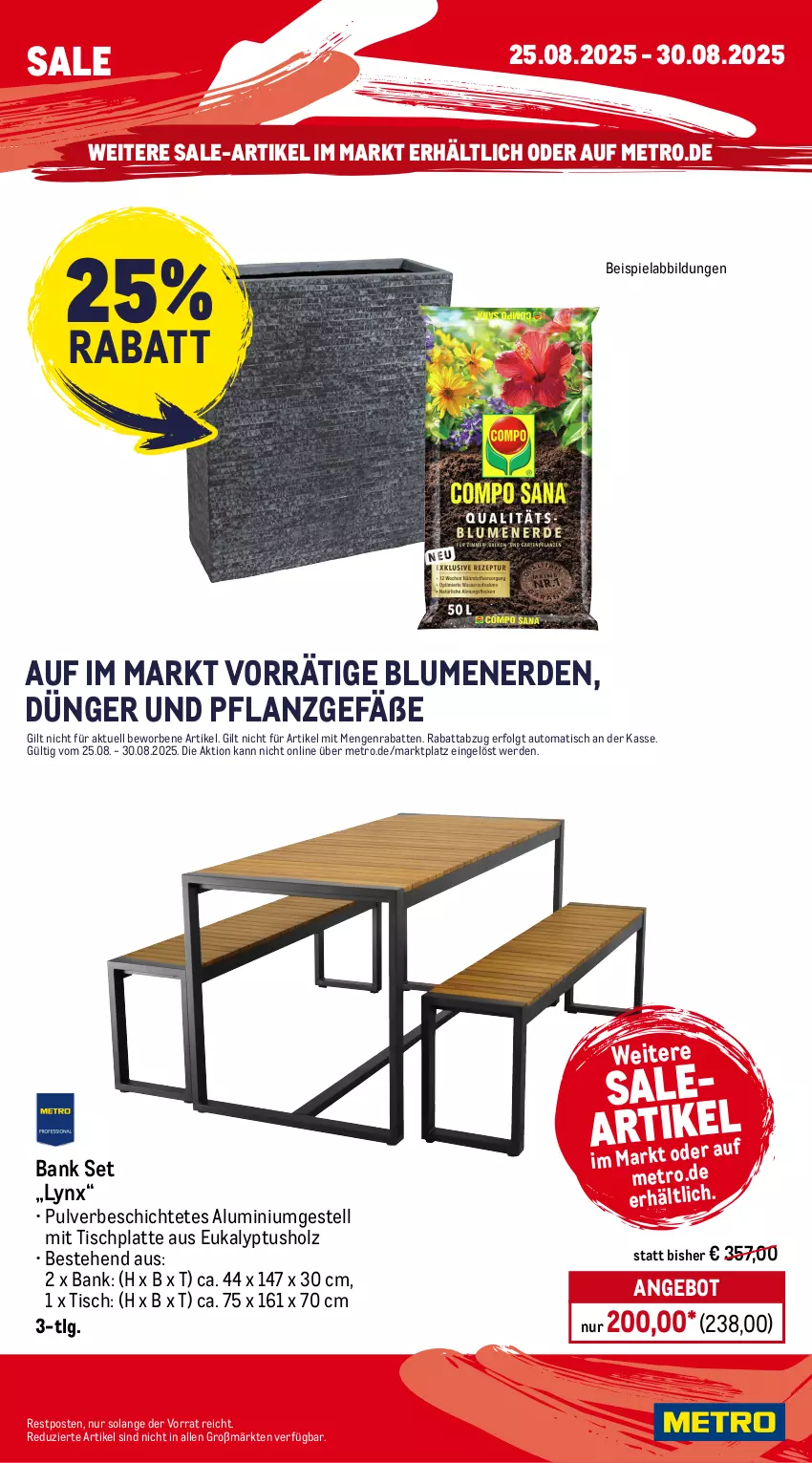 Aktueller Prospekt Metro - Wochen-Angebote - von 25.08 bis 30.08.2025 - strona 25 - produkty: aluminiumgestell, angebot, auto, Bank, beispielabbildung, blume, blumen, blumenerde, dünger, eis, erde, Holz, HP, latte, LG, Metro, Ti, tisch, tischplatte