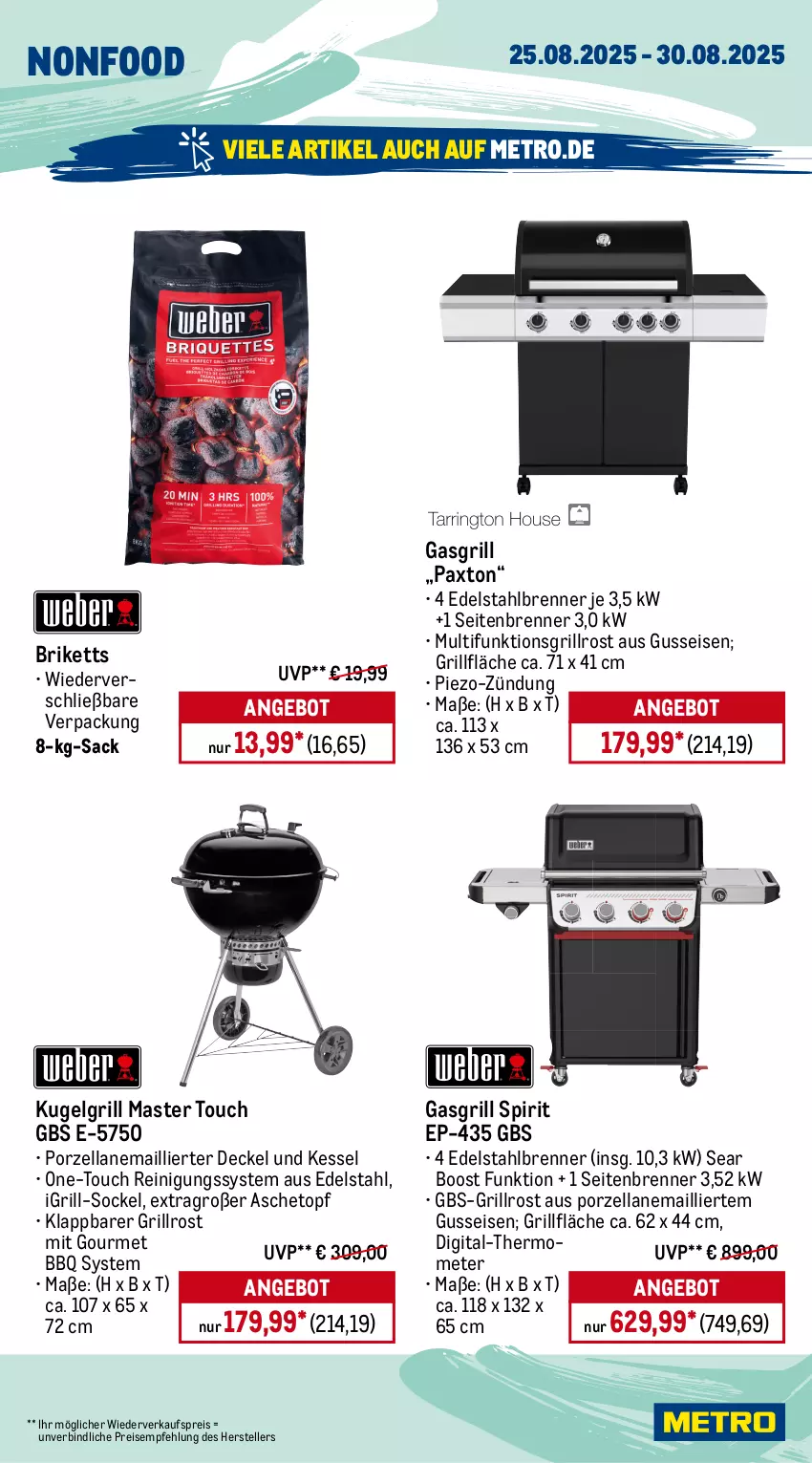 Aktueller Prospekt Metro - Wochen-Angebote - von 25.08 bis 30.08.2025 - strona 26 - produkty: angebot, briketts, decke, Deckel, edelstahl, eis, elle, gasgrill, grill, grillfläche, grillrost, Kugel, kugelgrill, LG, Metro, Pax, piezo-zündung, Reinigung, reis, sac, teller, Ti, topf