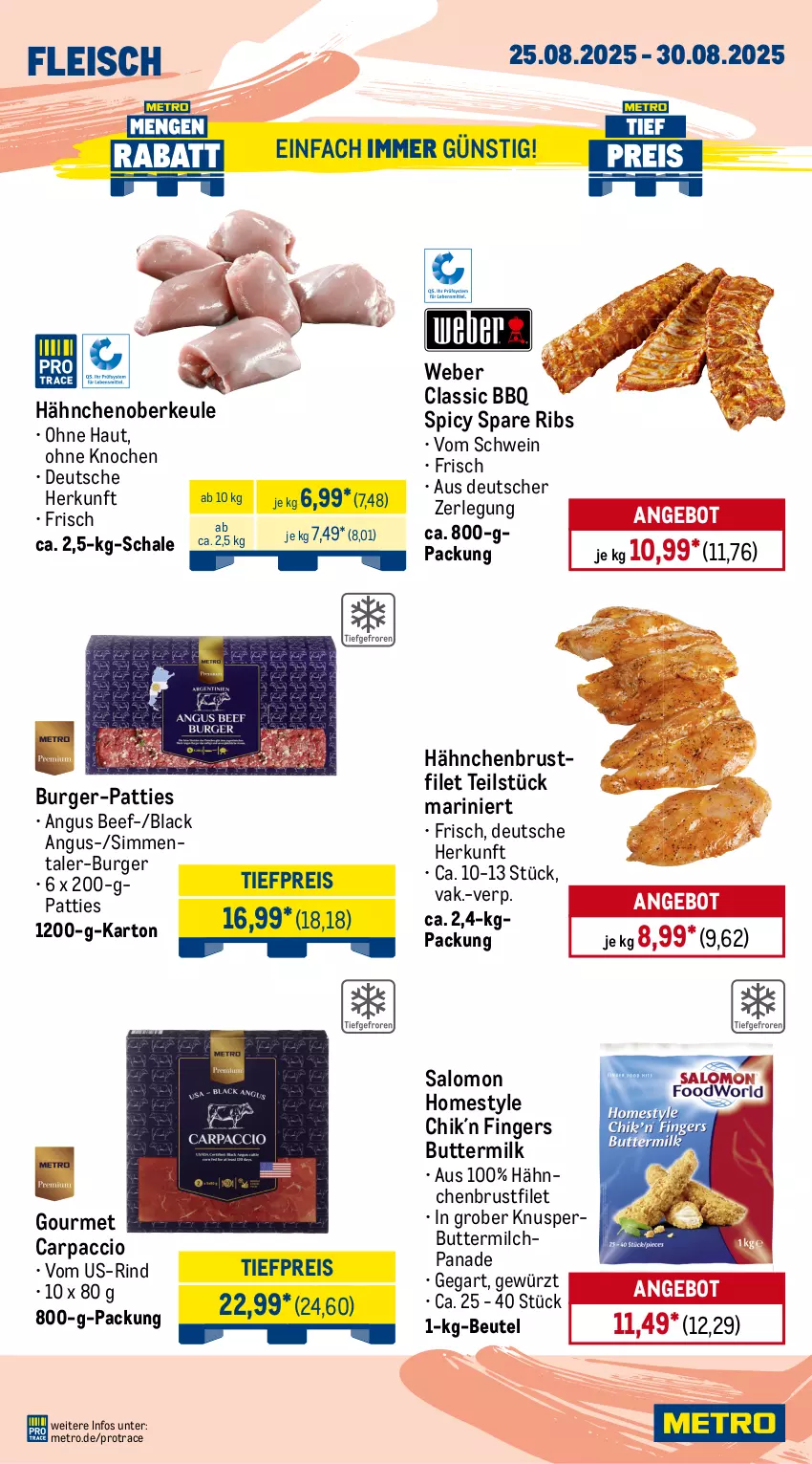 Aktueller Prospekt Metro - Wochen-Angebote - von 25.08 bis 30.08.2025 - strona 3 - produkty: ACC, angebot, beef, beutel, braten, brustfilet, burger, butter, buttermilch, Carpaccio, eis, Falsches Filet, filet, fleisch, gewürz, gulasch, hähnchenbrust, hähnchenbrustfilet, HP, lack, Metro, milch, reis, rind, rinder, rinderbraten, Rindersteak, roastbeef, salomon, Schal, Schale, schwein, schweine, schweinenacken, sim, spare ribs, steak, steakhüfte, tafelspitz, Ti, tiefpreis, weber, wein, weine