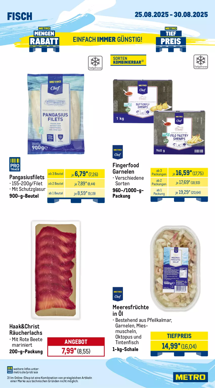 Aktueller Prospekt Metro - Wochen-Angebote - von 25.08 bis 30.08.2025 - strona 7 - produkty: angebot, beutel, eis, filet, filets, fisch, früchte, garnelen, lachs, mango, meeresfrüchte, melone, melonen, Metro, Muscheln, obst, orange, orangen, Pangasius, Räucherlachs, reis, Schal, Schale, Ti, tiefpreis, wasser, wassermelone, wassermelonen