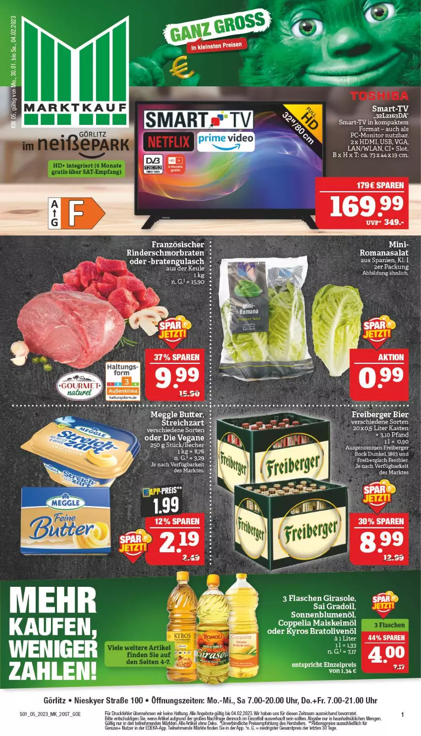 Aktueller Prospekt Marktkauf - Prospekt - von 29.01 bis 04.02.2023 - strona 1 - produkty: aktionspreis, angebot, angebote, auer, Berger, bier, blume, blumen, blumenöl, braten, butter, deka, eis, elle, ente, flasche, Freiberger, HDMI, keimöl, mais, meggle, monitor, nuss, olive, oliven, olivenöl, reis, rel, rind, rinder, Romanasalat, salat, schmorbraten, sonnenblume, sonnenblumen, sonnenblumenöl, tee, teller, Ti, Tiere, uhr, usb, ZTE