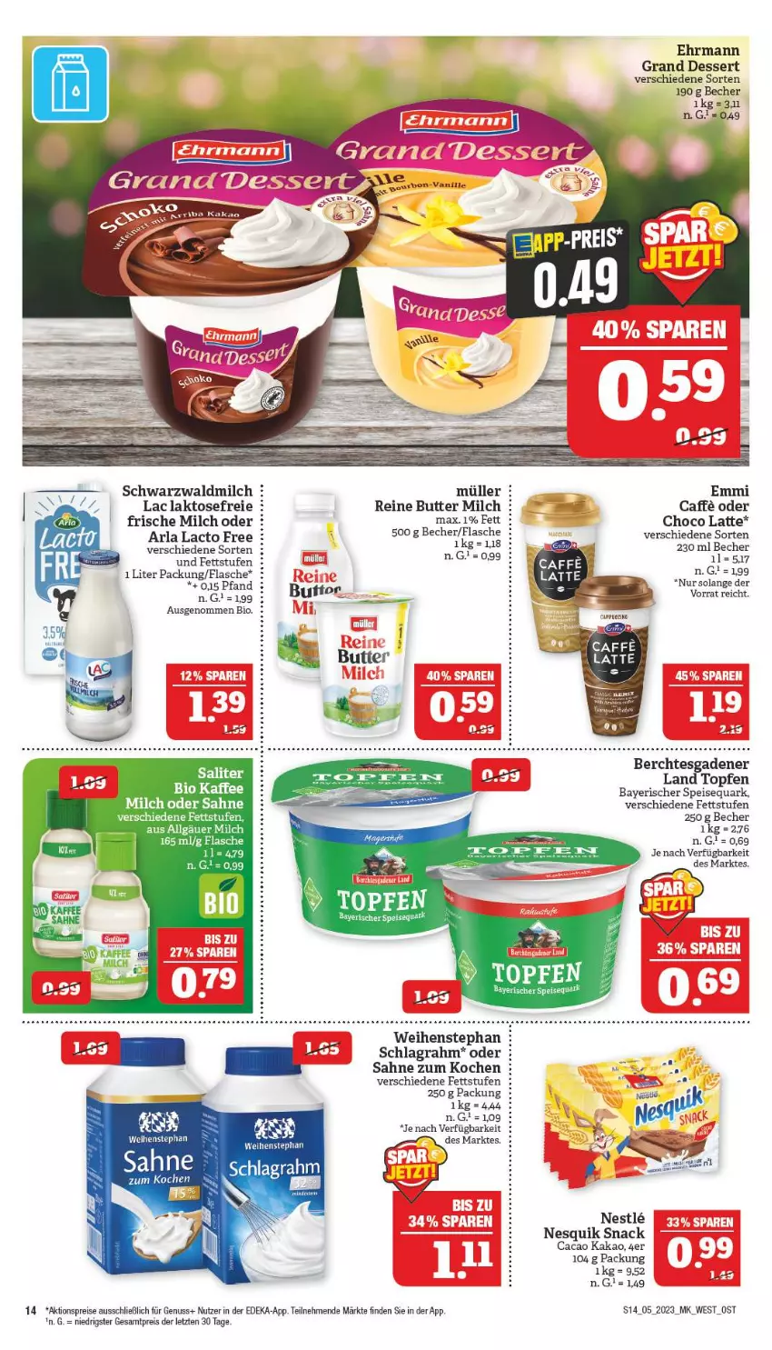 Aktueller Prospekt Marktkauf - Prospekt - von 29.01 bis 04.02.2023 - strona 14 - produkty: aktionspreis, arla, Becher, bio, butter, deka, dessert, ehrmann, Ehrmann Grand Dessert, eis, emmi, flasche, frische milch, kakao, latte, LG, milch, Müller, nesquik, nuss, quark, reis, sahne, saliter, schlagrahm, snack, speisequark, Ti, topf, Topfen, uhr, weihenstephan, ZTE