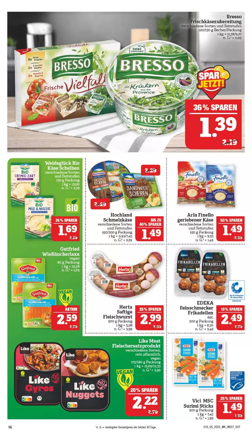 Aktueller Prospekt Marktkauf - Prospekt - von 29.01 bis 04.02.2023 - strona 16 - produkty: arla, Becher, bio, bresso, deka, dell, eis, elle, ente, feinschmecker, finello, fleisch, fleischwurst, frikadellen, gutfried, herta, hochland, Käse, kräuter, Like Meat, pfeffer, reis, saft, Schmelzkäse, tee, Ti, tisch, wurst, ZTE