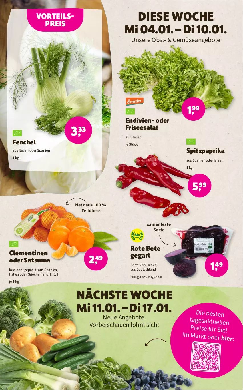 Aktueller Prospekt Denns Biomarkt - Prospekte - von 04.01 bis 17.01.2023 - strona 2 - produkty: angebot, angebote, clementinen, eis, elle, fenchel, obst, paprika, reis, rote bete, salat, Spitzpaprika, Ti, vorteilspreis