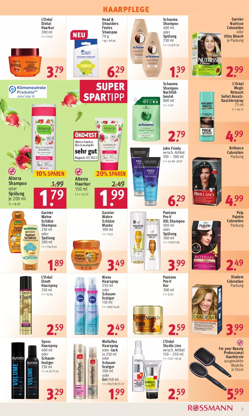 Aktueller Prospekt Rossmann - Prospekte - von 22.08 bis 26.08.2022 - strona 5 - produkty: alterra, apfel, beutel, bio, brillance, bürste, dell, diadem, elle, elnett, elvital, For Your Beauty, garnier, grana, granatapfel, haarpflege, haarspray, lack, magazin, Maske, Mode, nivea, Nutrisse, oder schaumfestiger, Palette, pantene, pantene pro-v, pro-v, Rana, schauma, schauma shampoo, schaumfestiger, shampoo, shampoo 250 ml, shampoo oder spülung, spartipp, spülung, spülung 200 ml, syoss, Ti, vita, Wahre Schätze, Wella, wellaflex, Yo