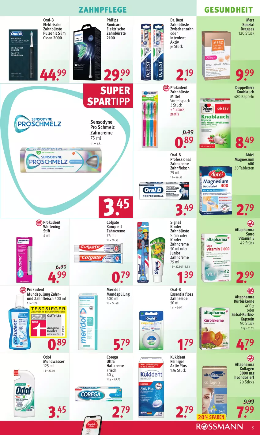 Aktueller Prospekt Rossmann - Prospekte - von 22.08 bis 26.08.2022 - strona 9 - produkty: Abtei, Altapharma, bürste, colgate, creme, doppelherz, Dr. Best, eis, elektrische zahnbürste, erde, Essentialfloss, fleisch, Gesundheit, Haftcreme, Kinder, knoblauch, Kollagen, Kukident, Kürbis, kürbiskerne, LG, magnesium, magnesium 400, meridol, Merz Spezial, mundspülung, mundwasser, Odol, oral-b, Philips, Prokudent, reiniger, sensodyne, Signal, sonicare, spartipp, Spezi, spülung, tablet, tablett, Tablette, Ti, vita, wasser, zahnbürste, zahncreme, Zahnseide