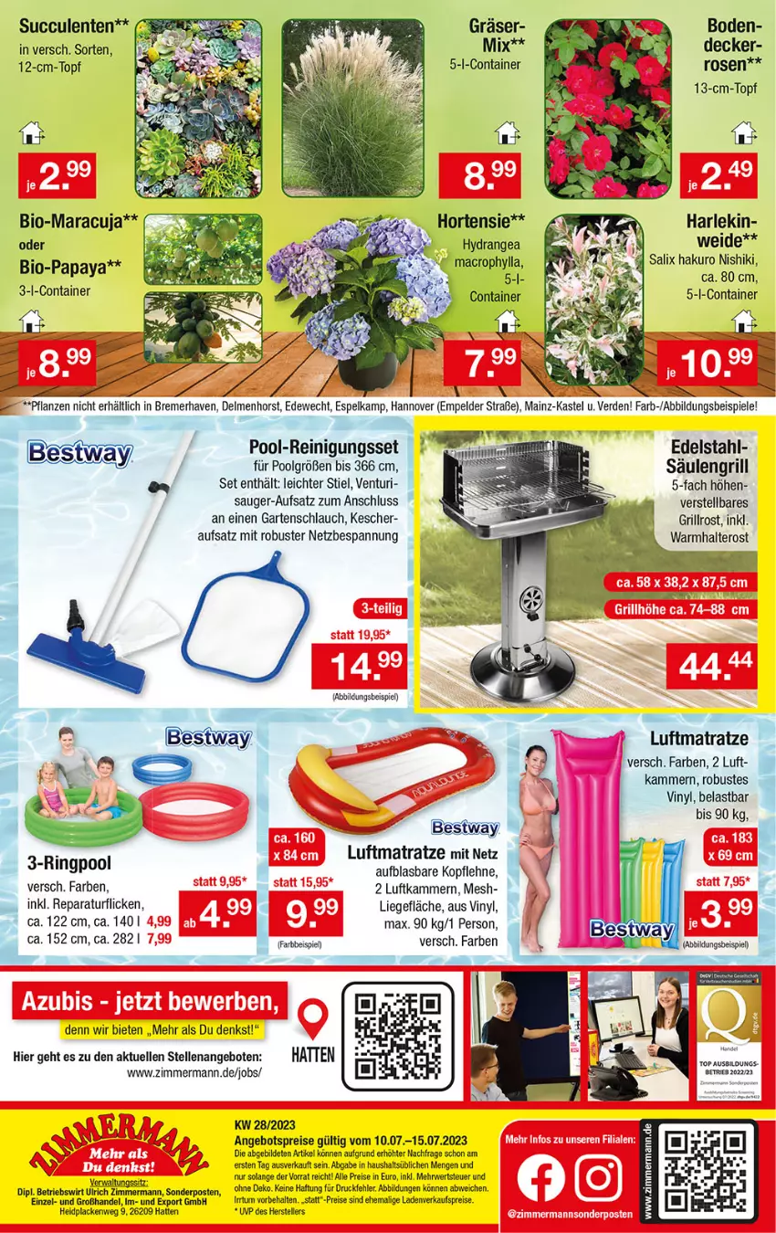 Aktueller Prospekt Zimmermann - Prospekte - von 10.07.2021 bis 15.07.2023 - strona 10 - produkty: angebot, angebote, angebotspreis, bestway, bio, Container, decke, dip, edelstahl, eis, elle, ente, erde, Garten, gartenschlauch, grill, grillrost, hortensie, hydrangea, Kescher, lack, Lacke, LG, Liege, luftmatratze, mac, maracuja, matratze, Papaya, pflanze, pflanzen, pool, Reinigung, reis, ring, rosen, rwe, Säulengrill, schlauch, sonderposten, Spiele, teller, Ti, topf